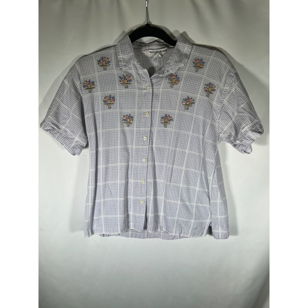 Maggie & Max Purple Gingham Embroidered Flower Basket Cotton Shirt Large